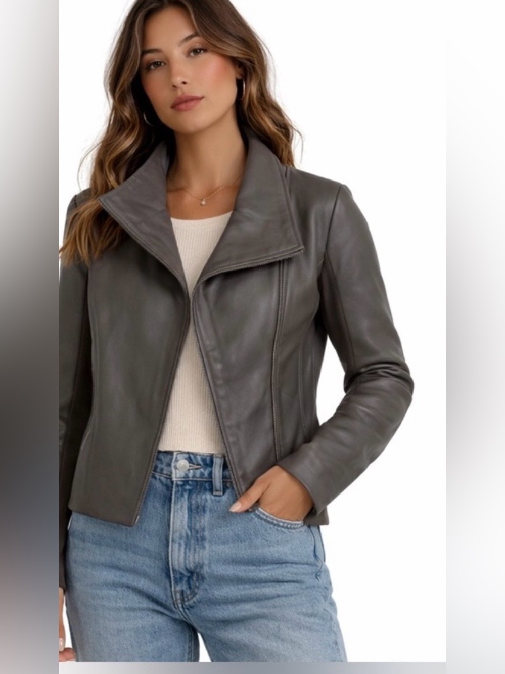Barneys New York Genuine Leather Moto Jacket Gray Minimalist Quiet Luxury